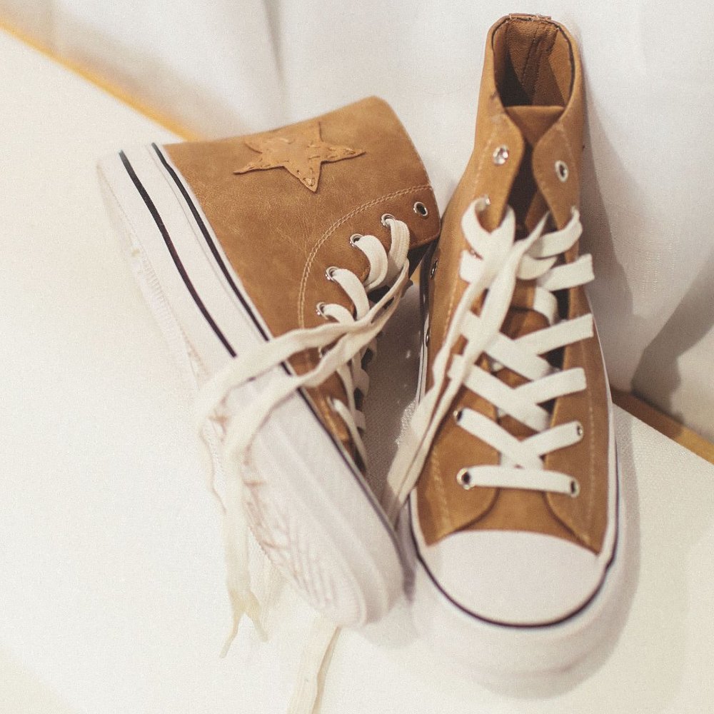 NEW High Top Faux Leather Stitch Star Patch Casual Sneakers Shoes Camel Beige - Picture 2 of 11